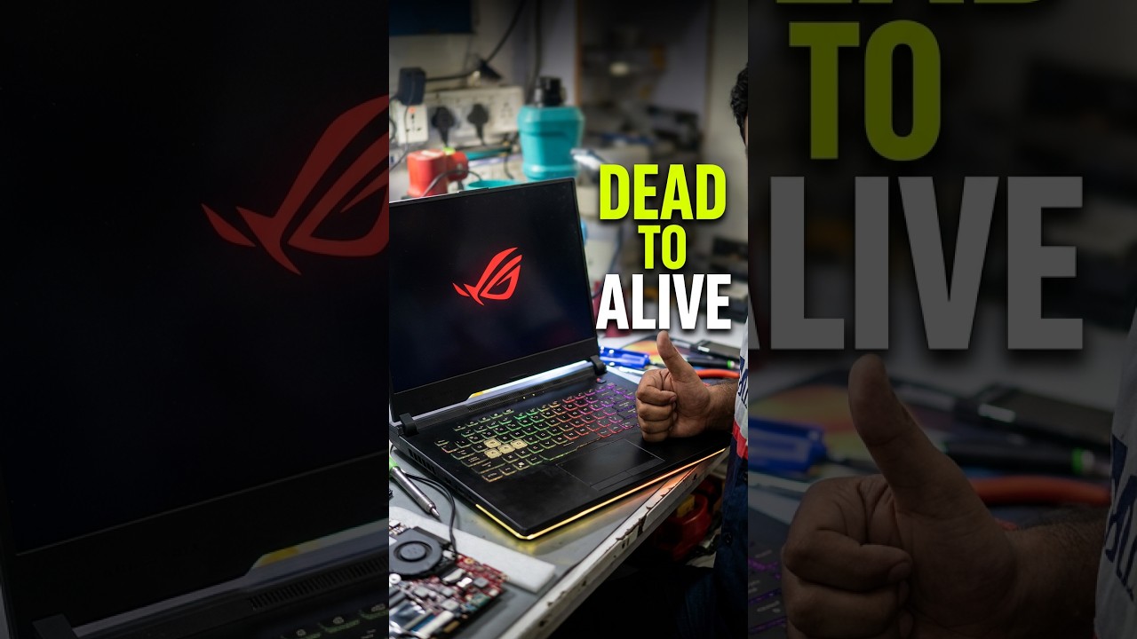 Dead ASUS ROG Strix gaming laptop brought back to life at the CompSense workshop, shown powered on after repair